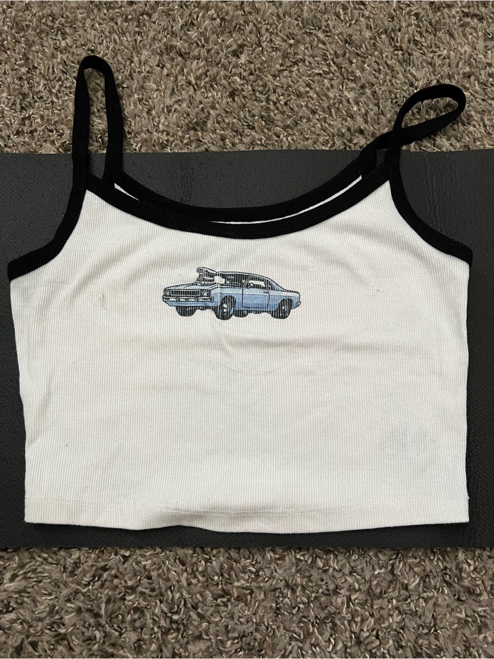 Aeropostale White Ribbed Crop Tank with Black Trim and Blue Car Graphic